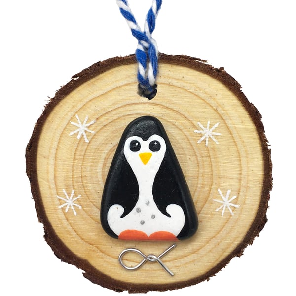Painted Pebble Penguin Christmas Tree Decorations. Handmade Beach Wooden Bauble