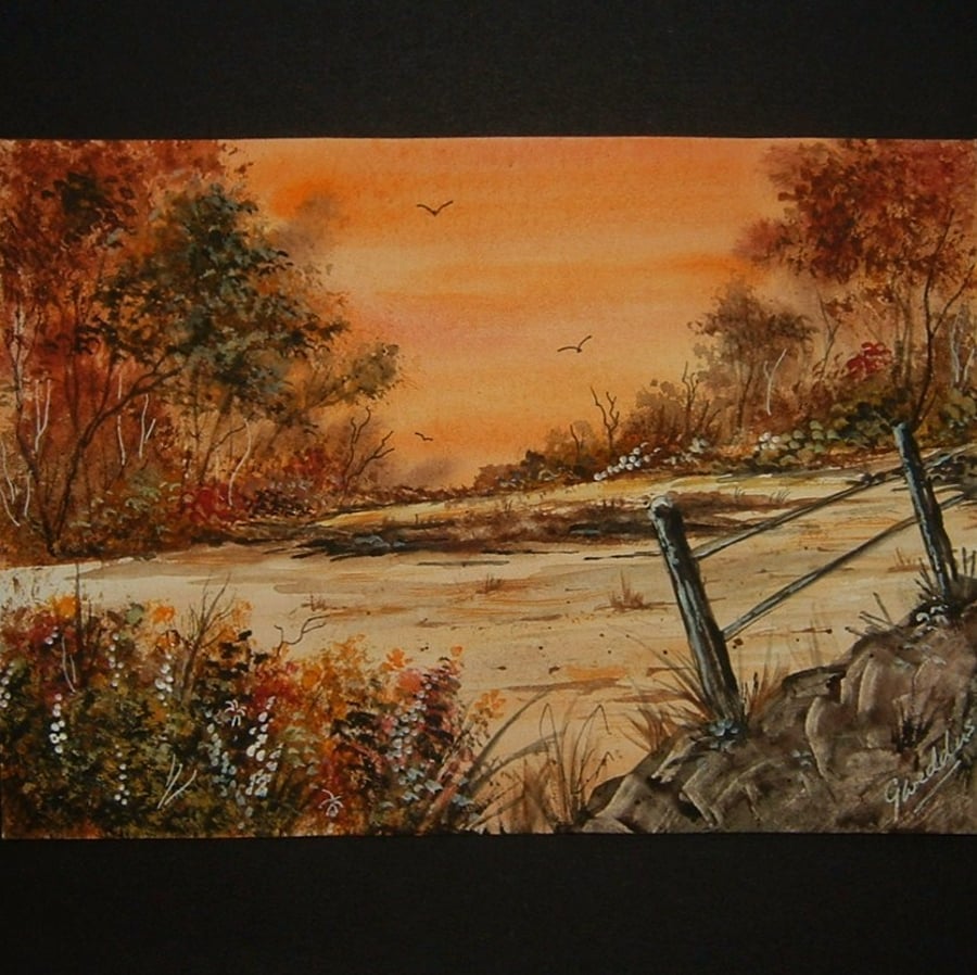 paintings art original watercolour sunset landscape. ref 479