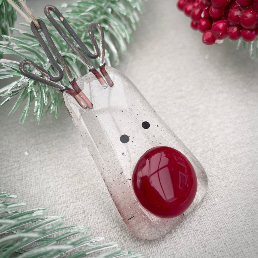 Rudolph - Christmas tree decoration - clear reclaimed glass