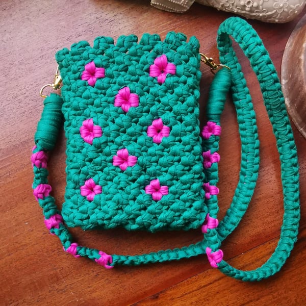 Crossbody Bag, Phone Bag, Flower  - Green & Fuchsia
