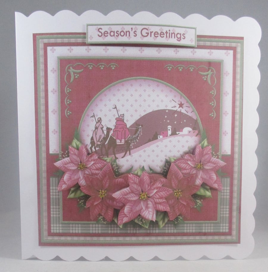 Handmade Religious, 3D Decoupage Christmas Card, poinsettias, wise men,Personali