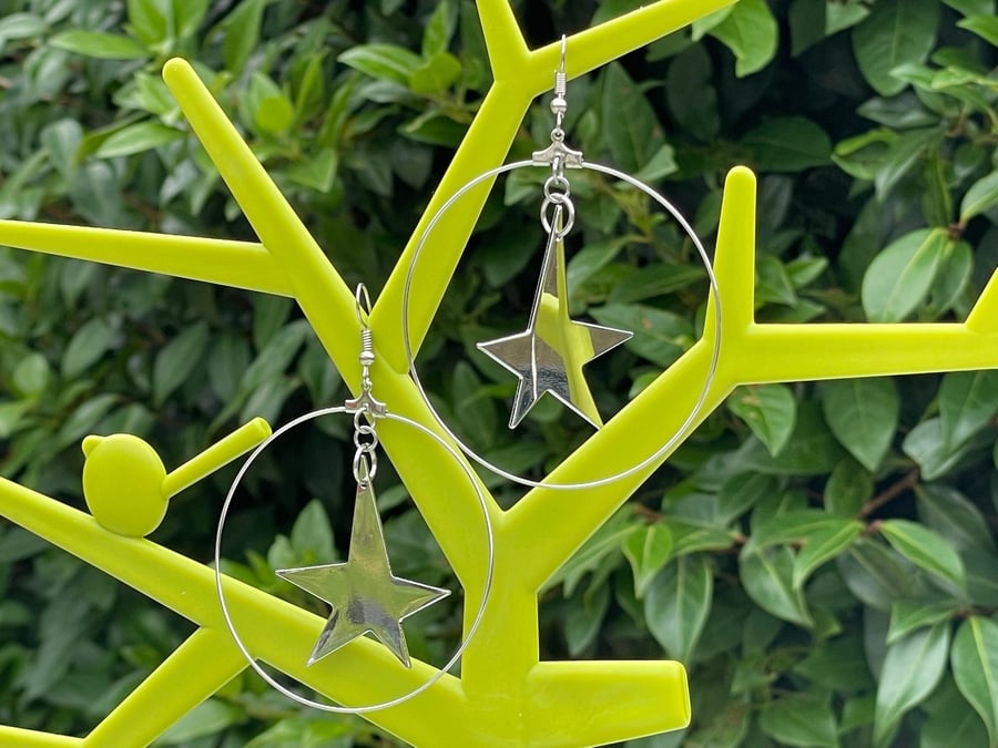 IRREGULAR STAR HOOPS giant size disco gift for her statement earrings mirror