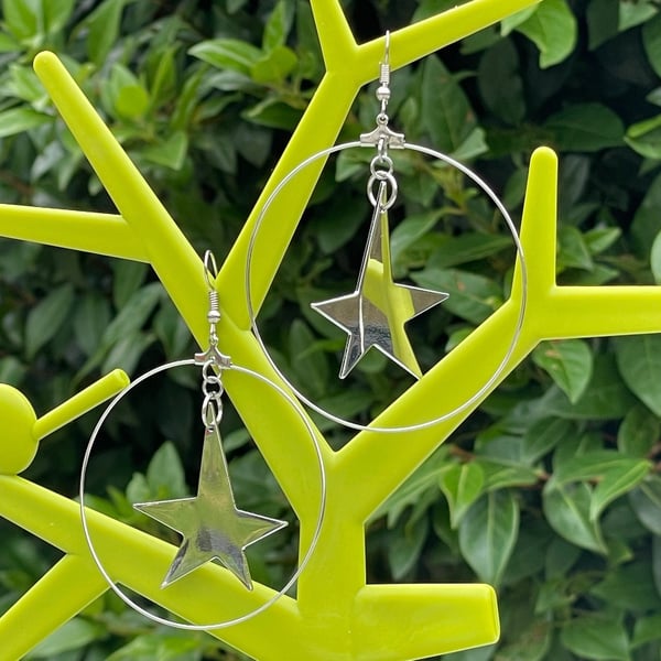 IRREGULAR STAR HOOPS giant size disco gift for her statement earrings mirror