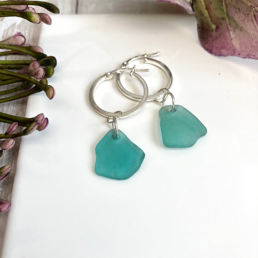 Silver Hoop Earrings with Teal Sea Glass, Elegant and Simple Jewellery