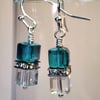 Crystal earrings with silver plated wires, teal and clear