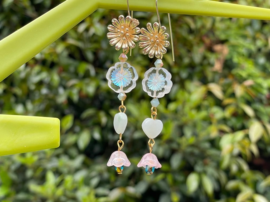 AB jade blossom earrings Czech glass gold tone crystal wedding 