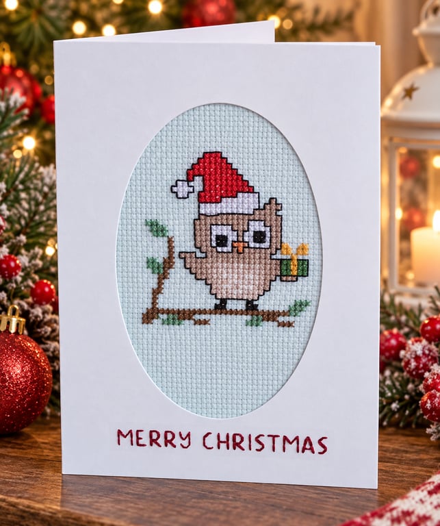 Handmade Cross Stitch Christmas Owl Card – Cute Festive Owl – 6 x 4 Inch