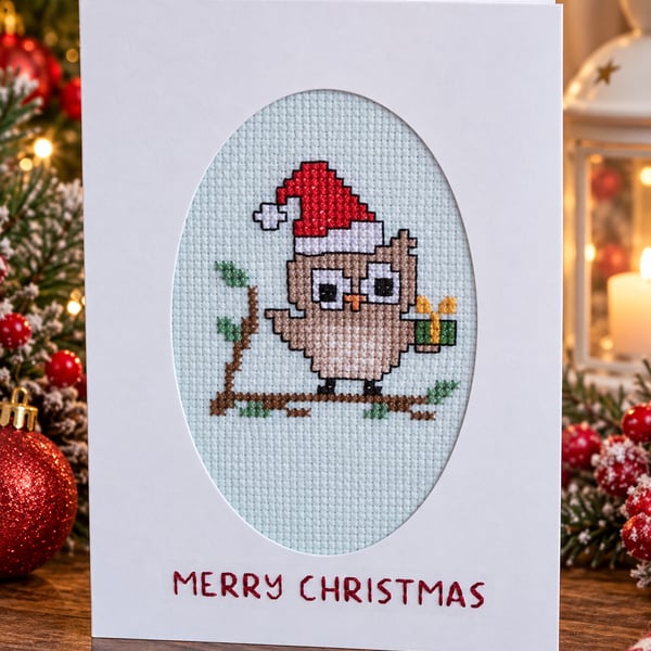 Handmade Cross Stitch Christmas Owl Card – Cute Festive Owl – 6 x 4 Inch