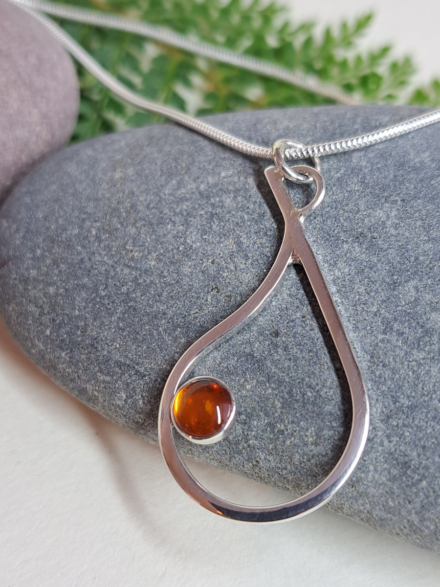 Amber teardrop pendant sterling silver fine necklace