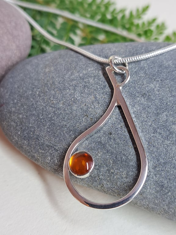 Amber teardrop pendant sterling silver fine necklace