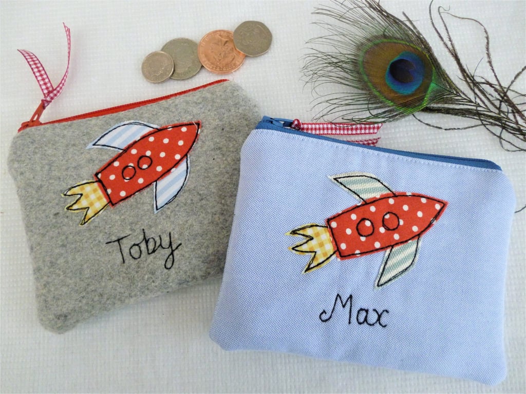 Personalised Rocket Coin Purse - Boys Custom Wallet with Retro Space Design