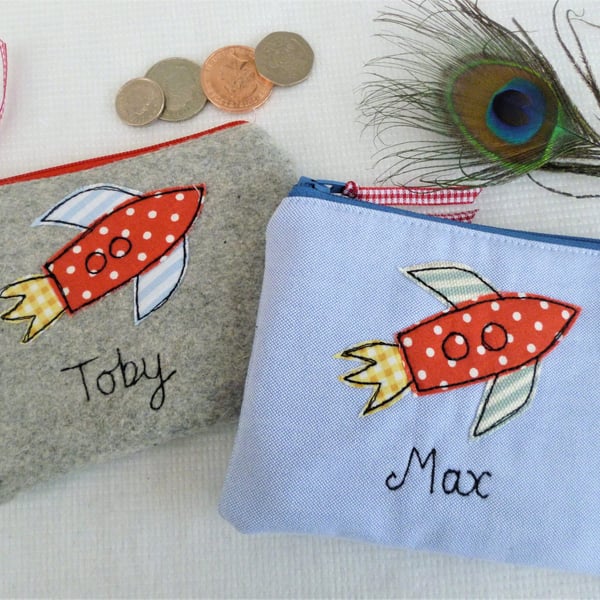 Personalised Rocket Coin Purse - Boys Custom Wallet with Retro Space Design