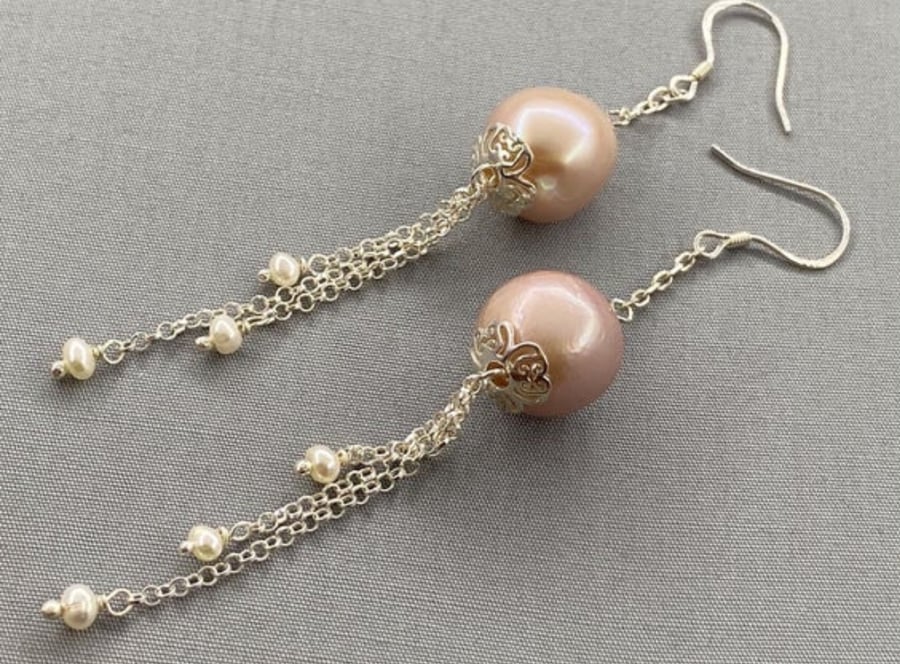 Natural Baroque Pearl Drop Waterfall Sterling Silver Earrings 