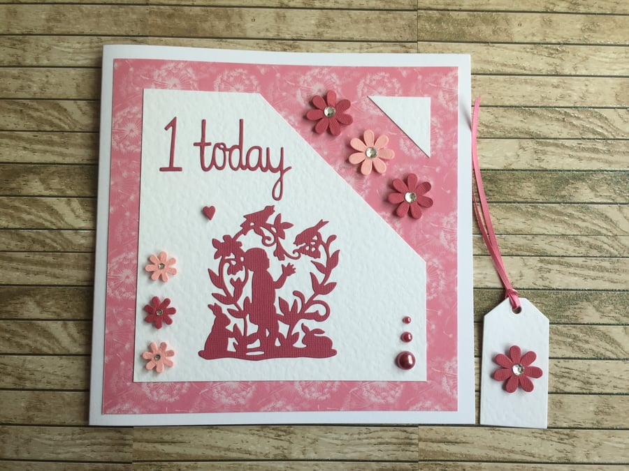 Baby Girl’s First Birthday card and gift tag