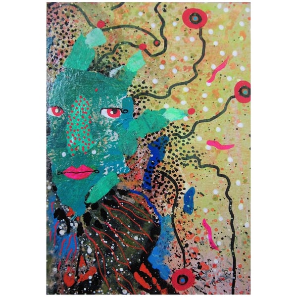 Surreal Portrait Green Face Painting Outsider Art Ready Mounted Small Artwork