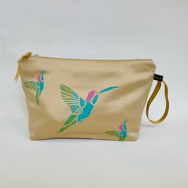 Yellow Hummingbirds Duchess Satin Makeup Bag