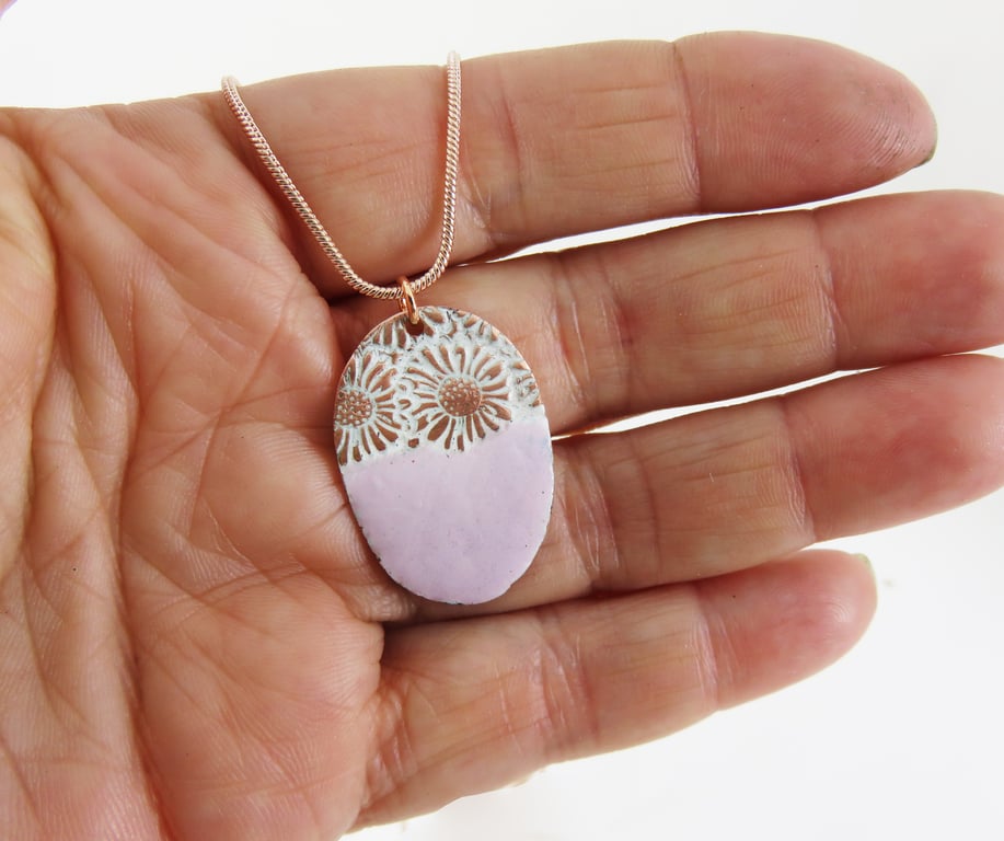 Copper Enamel Handmade Oval Daisy Textured Pendant