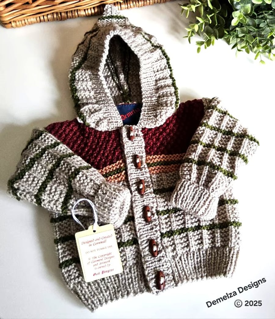 Designer Boys Hand Knitted Hooded Jacket 3-9 months size