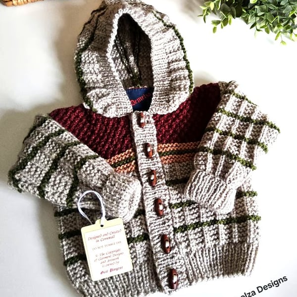 Designer Boys Hand Knitted Hooded Jacket 3-9 months size