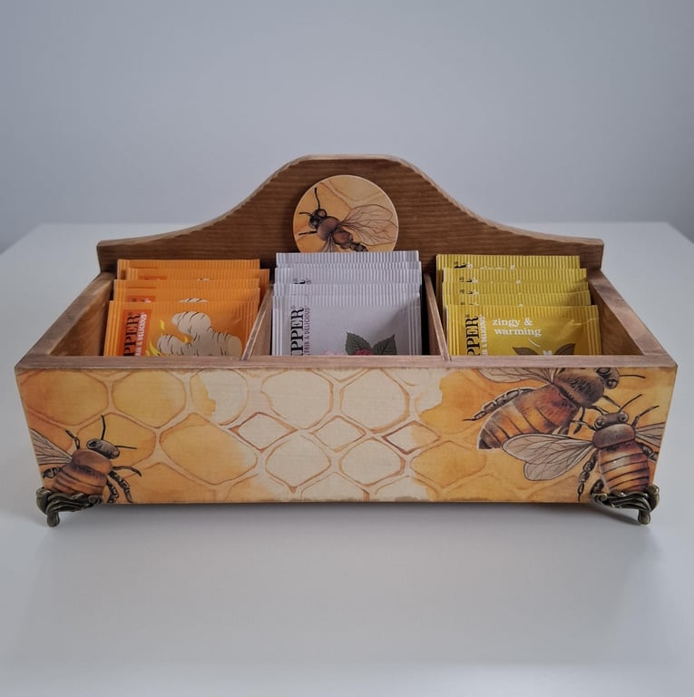 Wooden Tea Box with Compartments, Decoupaged & Hand Painted Tea Storage