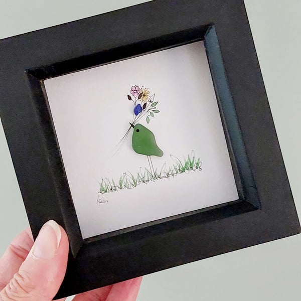Sea Glass Bird with Flowers - Framed Picture Art - Thank you Gift, Gift for Mom