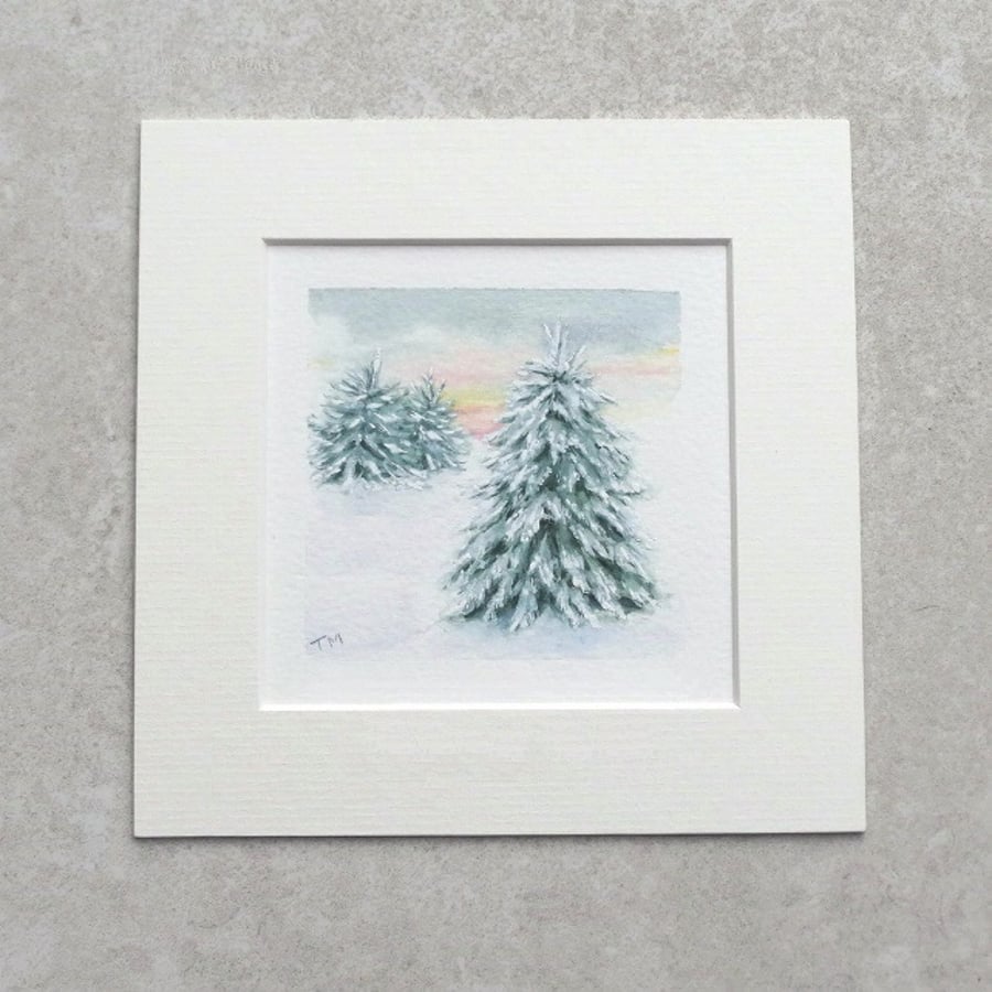 Original Miniature Watercolour Painting 'Winter'  6" 6" Mount