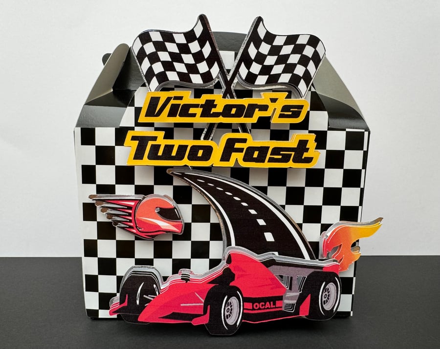 6 Personalised Racing Car party boxes, party bags