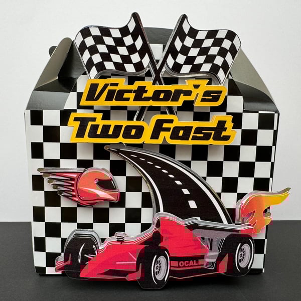 6 Personalised Racing Car party boxes, party bags
