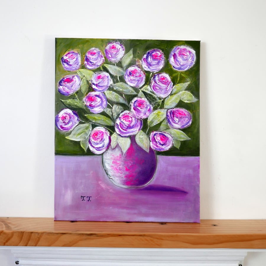 Purple Roses Still Life Painting, Contemporary Rose Artwork, Modern Floral Art