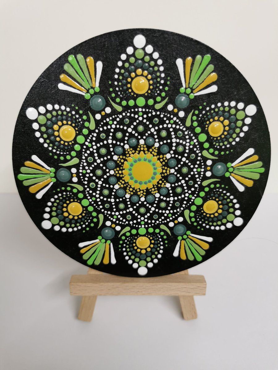 Hand painted gold and green mandala coaster