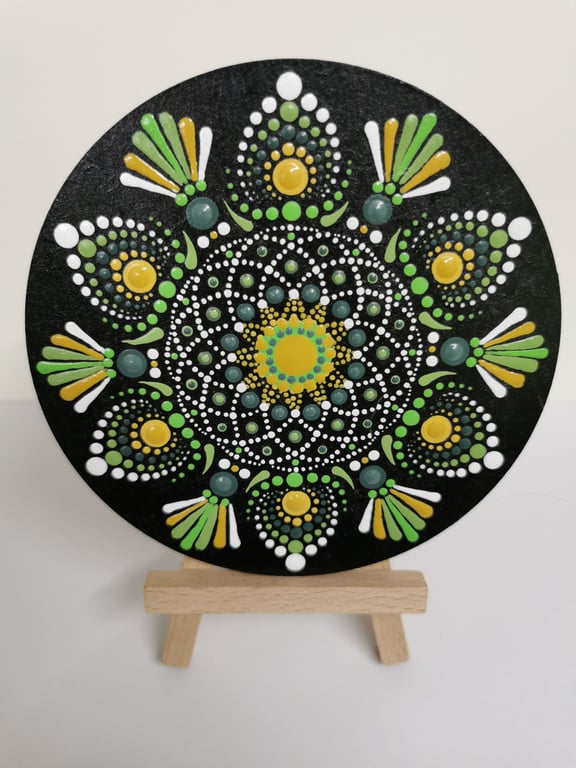 Hand painted gold and green mandala coaster