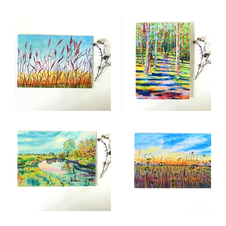 Set of Four Colourful Fen Scene and Woodland Blank Greeting Cards