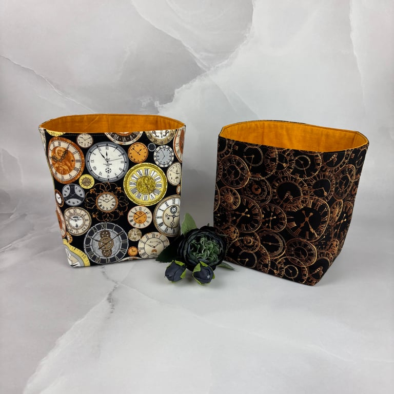 Clocks fabric basket, Steampunk storage bin, 2 pattern options, Handmade