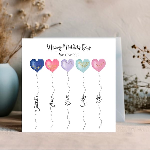 Personalised Balloons Mothers Day Card - for 1 to 5 names