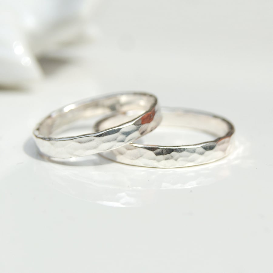 Sterling Silver Wedding Bands, Set of 2 Hammered Rings, Matching Rings