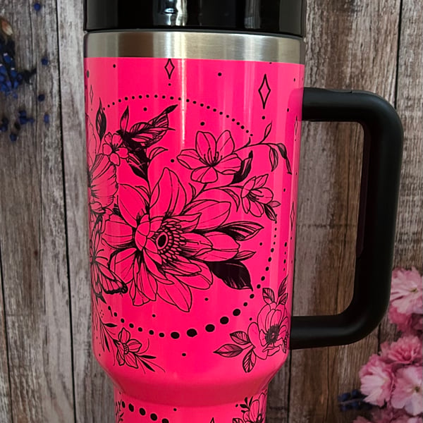 40oz Stanley Style tumbler Neon pink floral