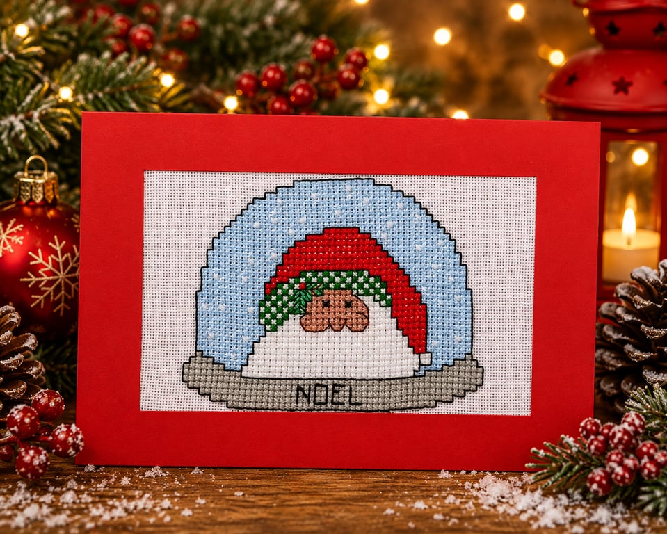 Handmade Cross Stitch Santa Snow Globe Christmas Card – 6 x 4 Inch