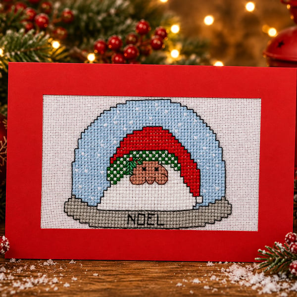 Handmade Cross Stitch Santa Snow Globe Christmas Card – 6 x 4 Inch