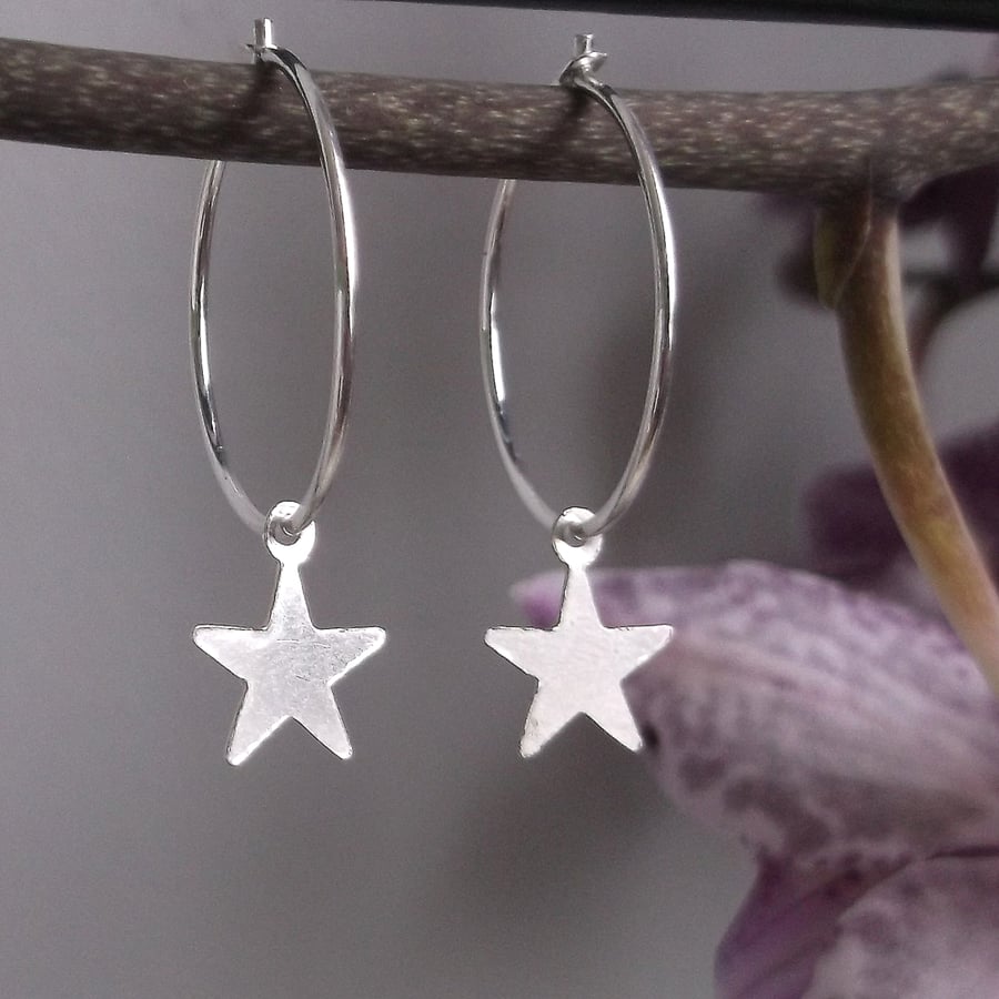 Sterling Silver Star Charm Hoop Earrings