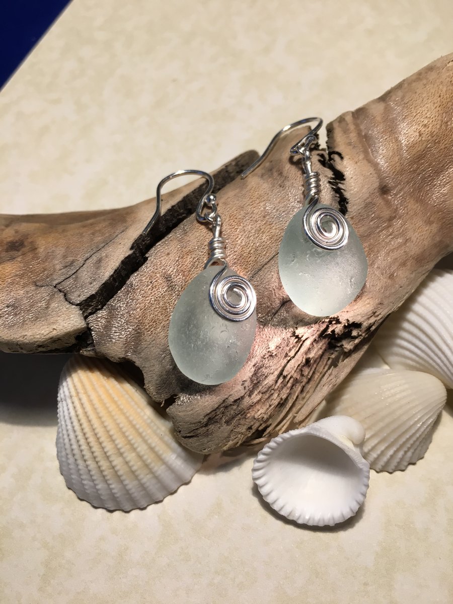 Genuine Seaglass and Sterling Silver Earrings