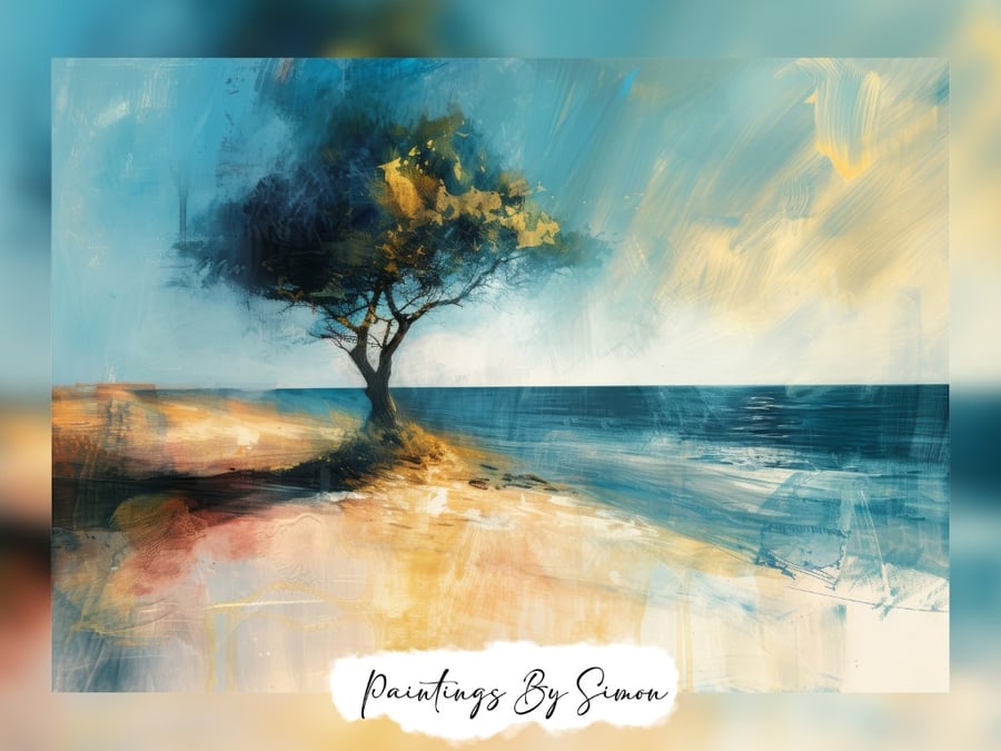 Serene Seaside Tree Scene, Watercolor Painting Print 5"x7" on Matte Paper