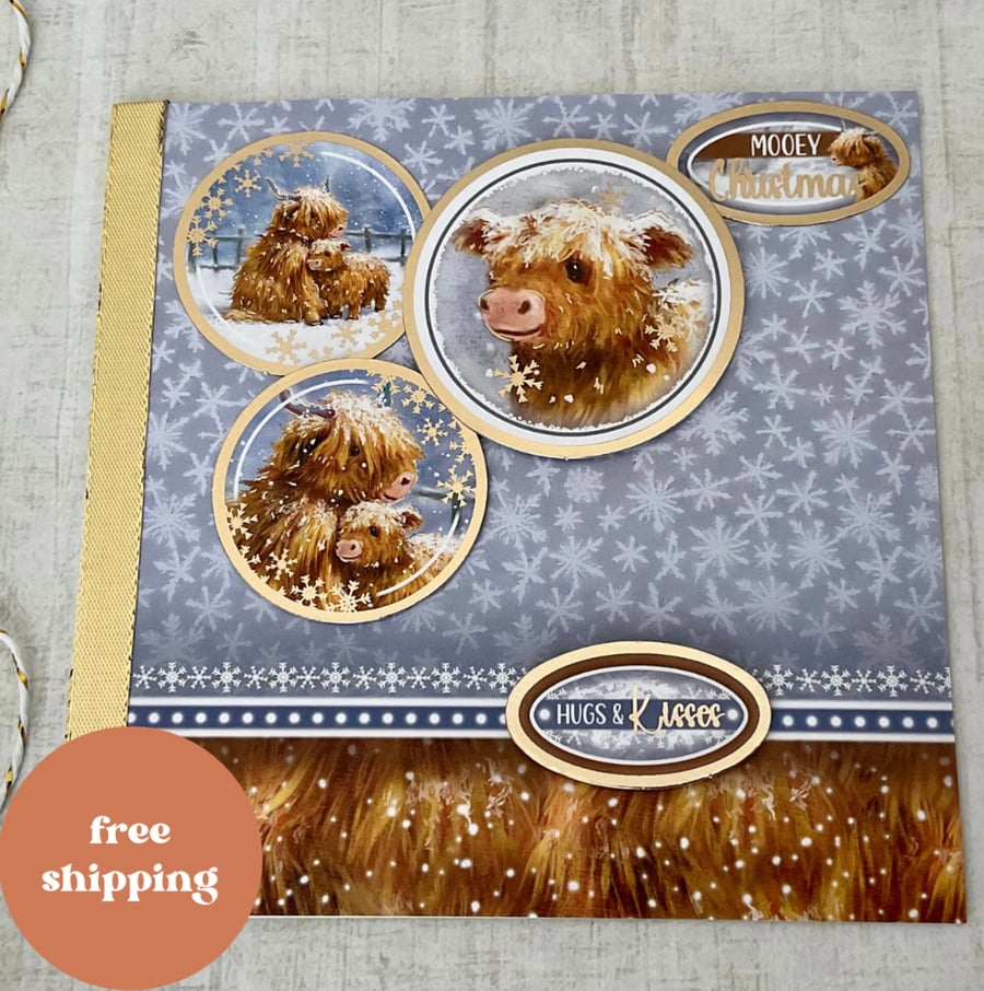 Card. Luxury Christmas card with highland cattle.