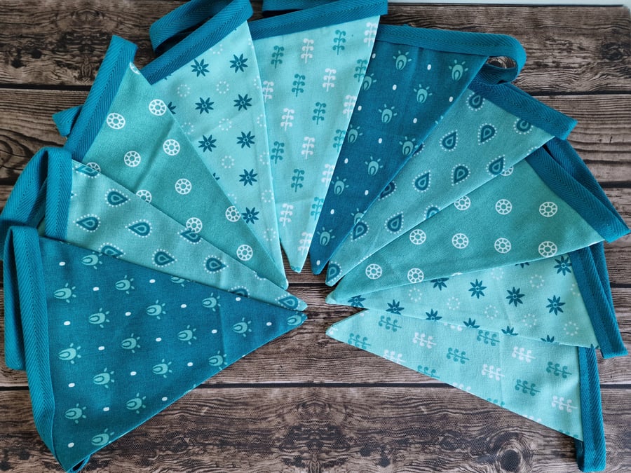 Teal Blue Double sided handmade fabric bunting