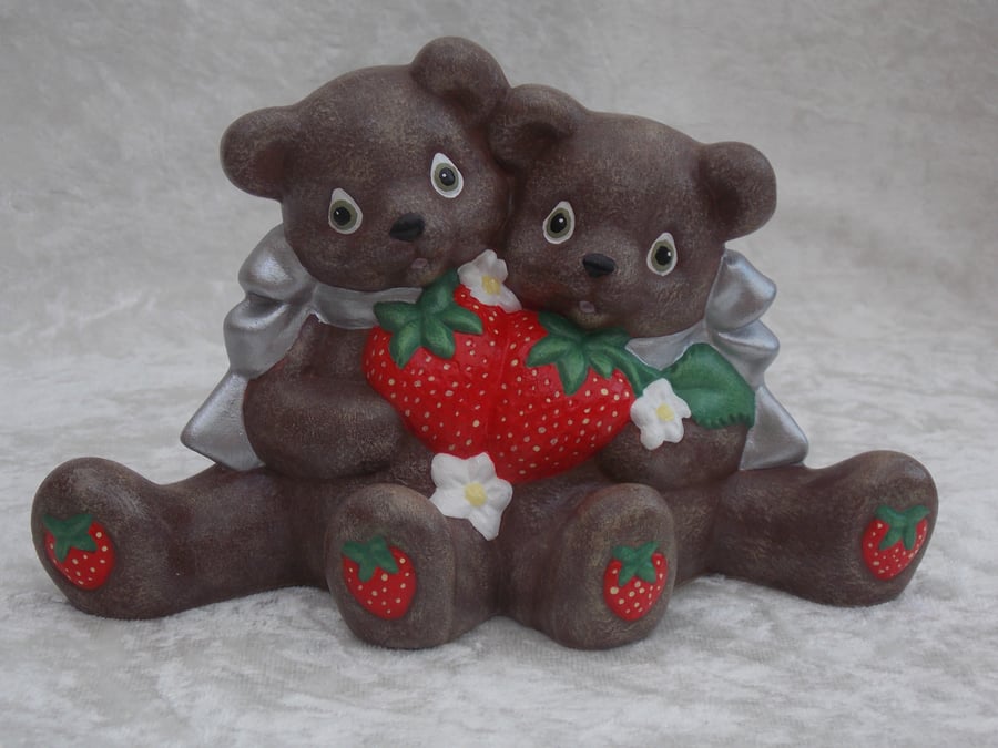 Ceramic Hand Painted Brown Bears & Red Strawberries Animal Figurine Ornament.