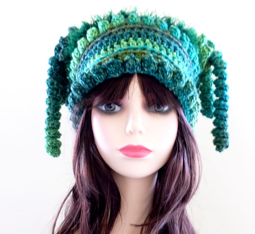 Emerald Green Crochet Festival Beanie Hat.   Fun and Quirky Gift.