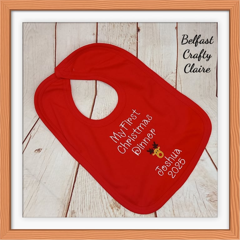 Embroidered Personalised - My First Christmas Dinner - Baby Bib - Reindeer Theme