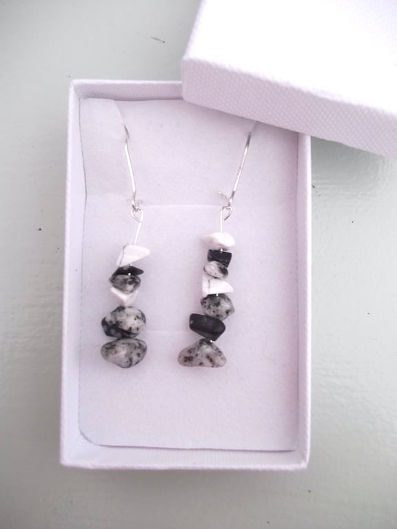 Crystal Stacked Drop Earrings White, Silver, Black and Grey, Diorite, Howlite, 
