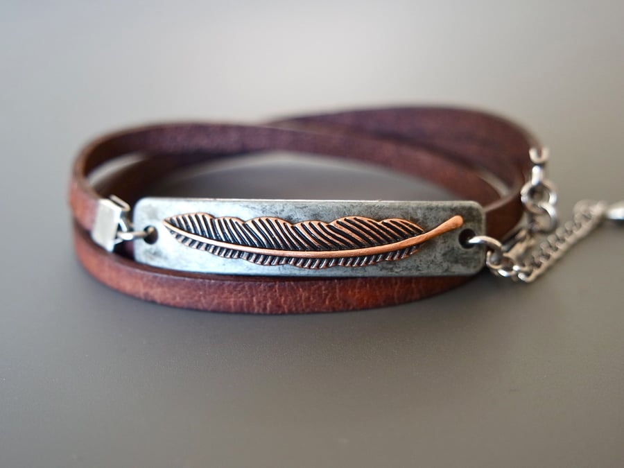 Leather wrap bracelet - feather gunmetal & copper plated rectangular