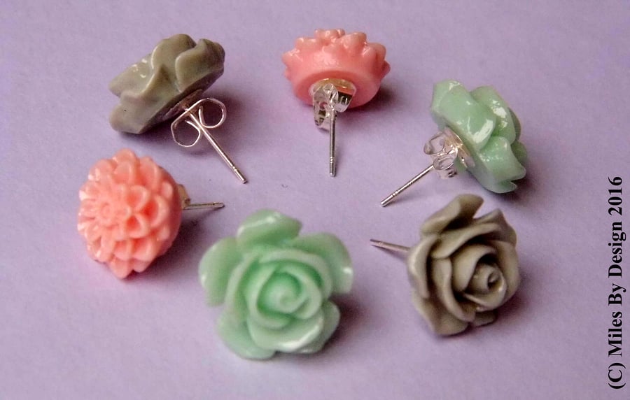 Set of Three Pastel Flower Stud Earrings