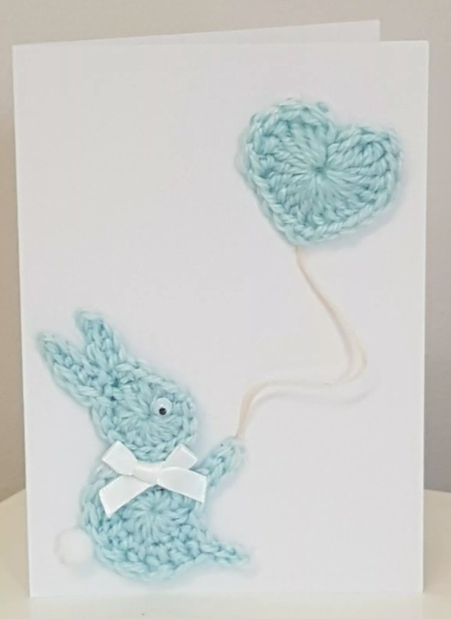Handmade card with crochet bunny & heart in Blue or Pink